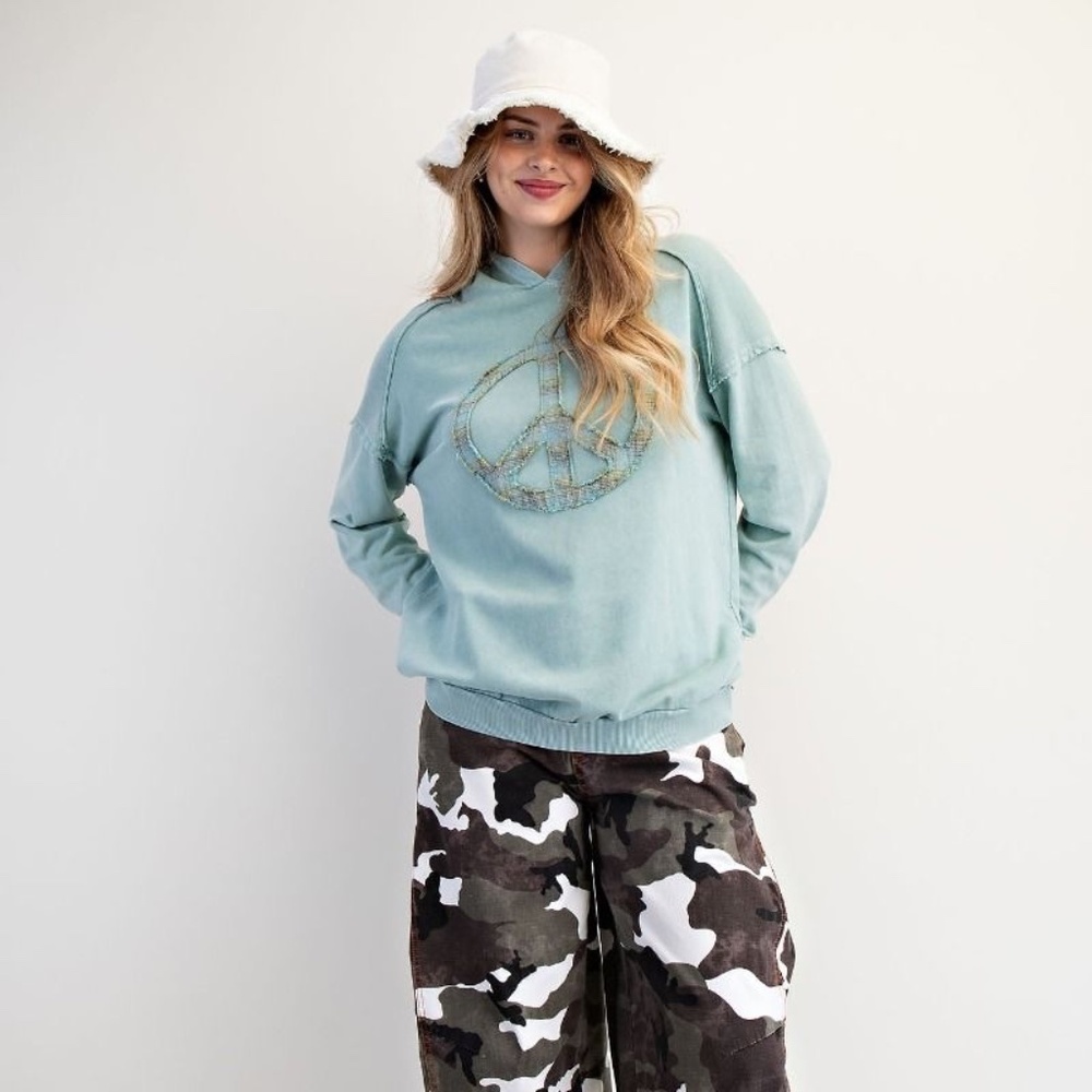 NEW EASEL CLOTHING WASHED TERRY KNIT PULLOVER PEACE HOODIE SEAFOAM SWEATSHIRT